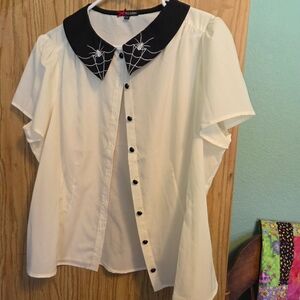 Hell Bunny Black and White Women's Top with Spider Embroidered Collar